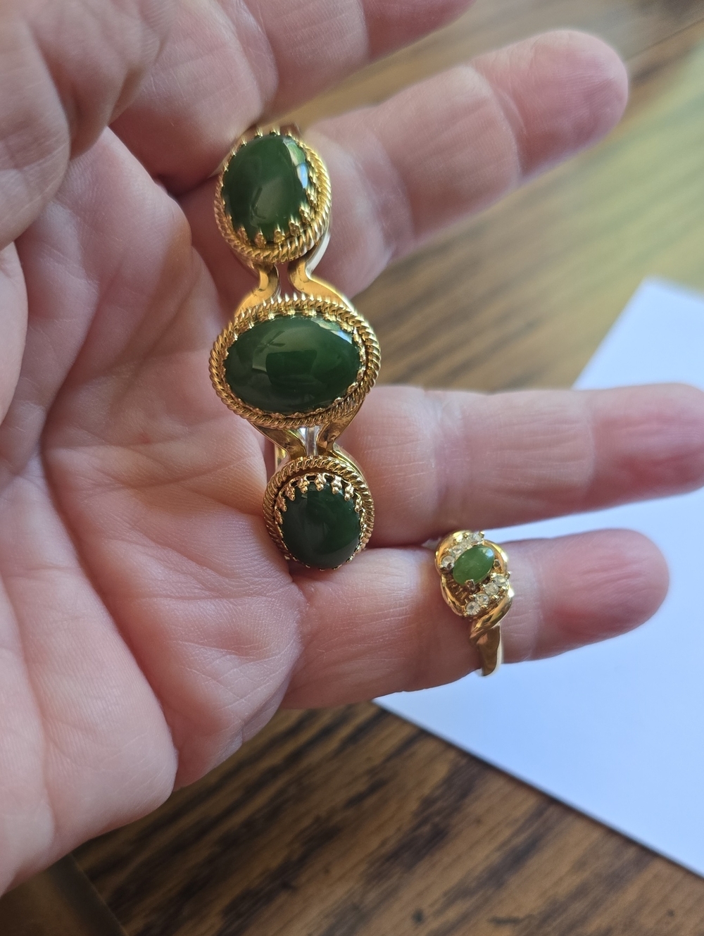 Gold-Tone Green Stone Bracelet and Ring Set- Unbranded